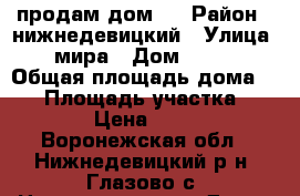продам дом . › Район ­ нижнедевицкий › Улица ­ мира › Дом ­ 130 › Общая площадь дома ­ 65 › Площадь участка ­ 50 › Цена ­ 400 - Воронежская обл., Нижнедевицкий р-н, Глазово с. Недвижимость » Дома, коттеджи, дачи продажа   